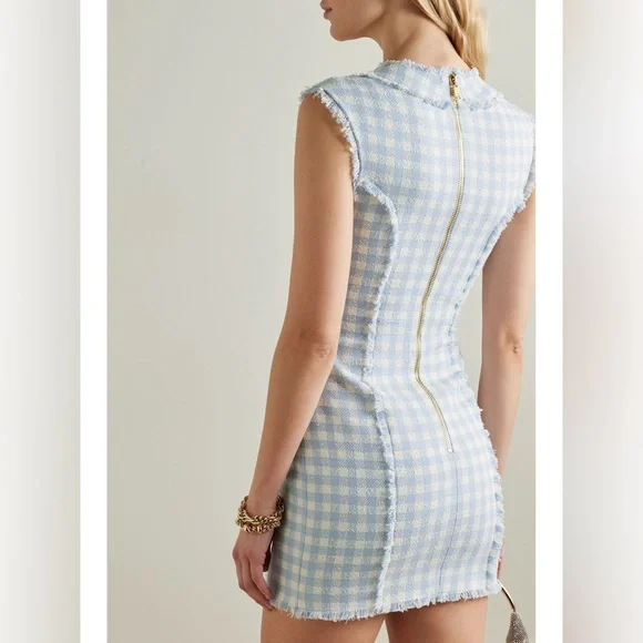BALMAIN Blue & White Frayed gingham cotton-blend tweed Mini Dress FR36